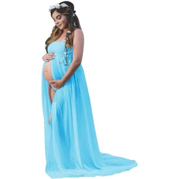 Women's Off Shoulder Strapless Tube Maternity Blue Dress - Picture 1 of 6